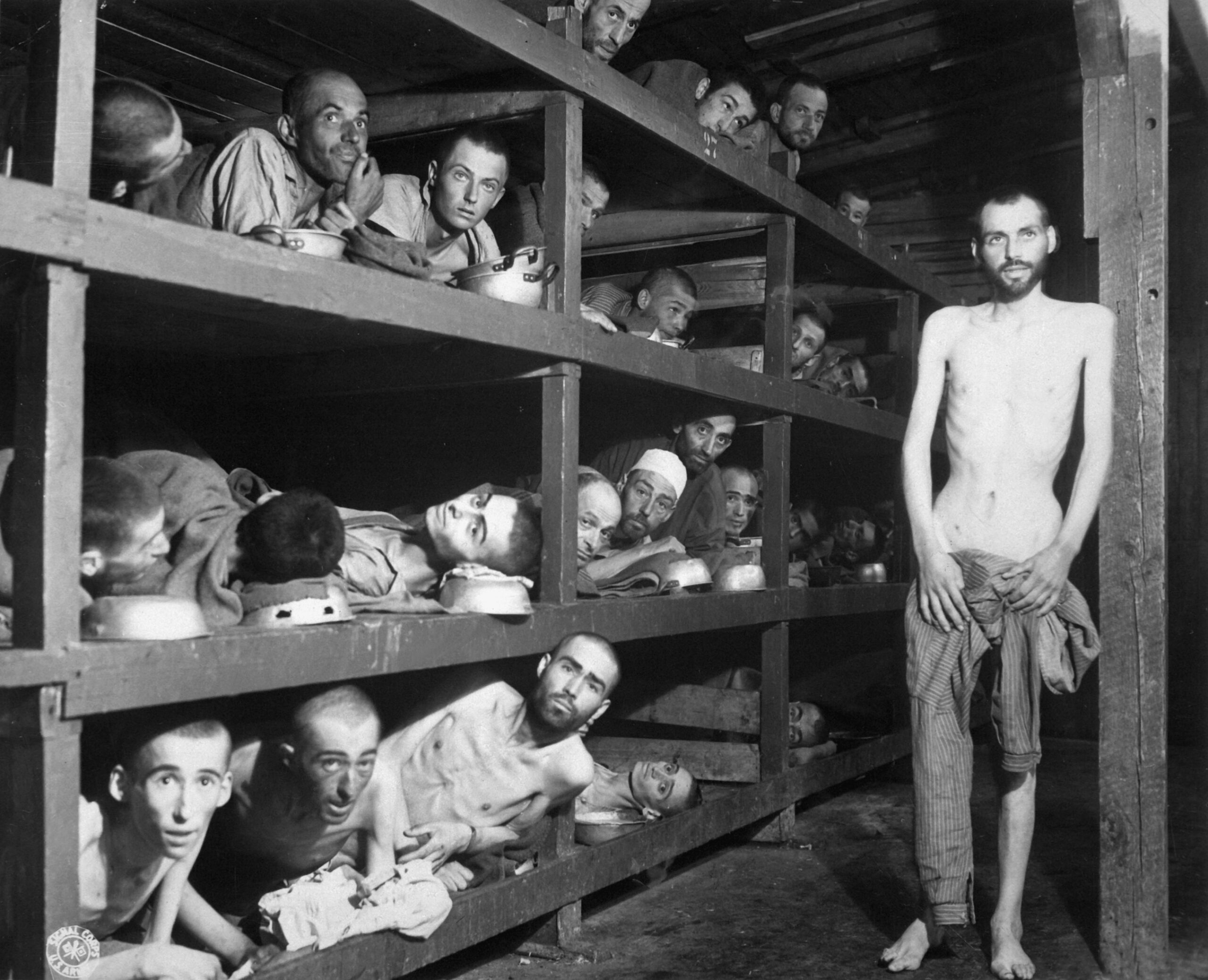 Survivors gathered at Buchenwald after liberation in 1945